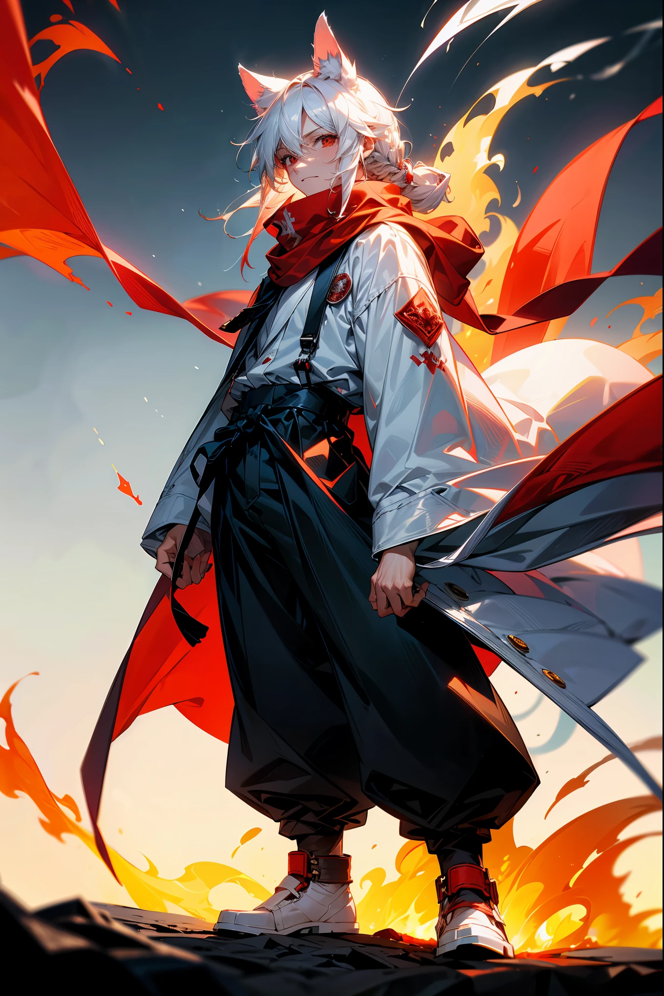 1male, Adult, Long White Hair, White Baggy Long Sleeve Shirt, Baggy Black Pants, Red Eyes, Red Scarf, Earring, Masculine, Surrounded By Flames, Single Hair Braid, Standing On Path, Dog Ears