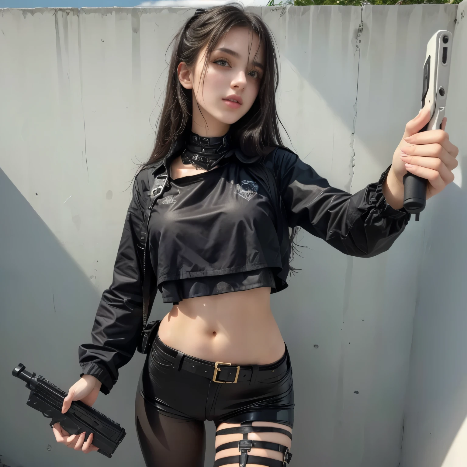 European girl, anarchist, sexy, sexy body, anarchist, black clothes, dark circles on her eyes.