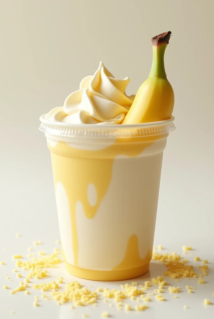 Generate an image of a transparent disposable cup with cream and the banana inserted inside the cup so that it looks very provocative and the chopped banana so that you can see the fine layers of the cream and the banana that on top has grated cheese and dairy sauce so that the banana can be seen more