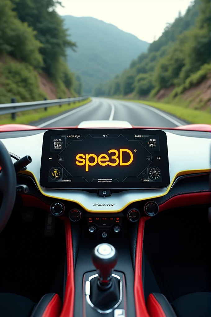 A 4D 8k video of a sports car dashboard with a white, yellow, and red color scheme. The dashboard contains a digital display with the text "Spe3d tv tv dois irmãos". The background is a scenic route with winding roads and lush greenery. The video has a cinematic aspect ratio.