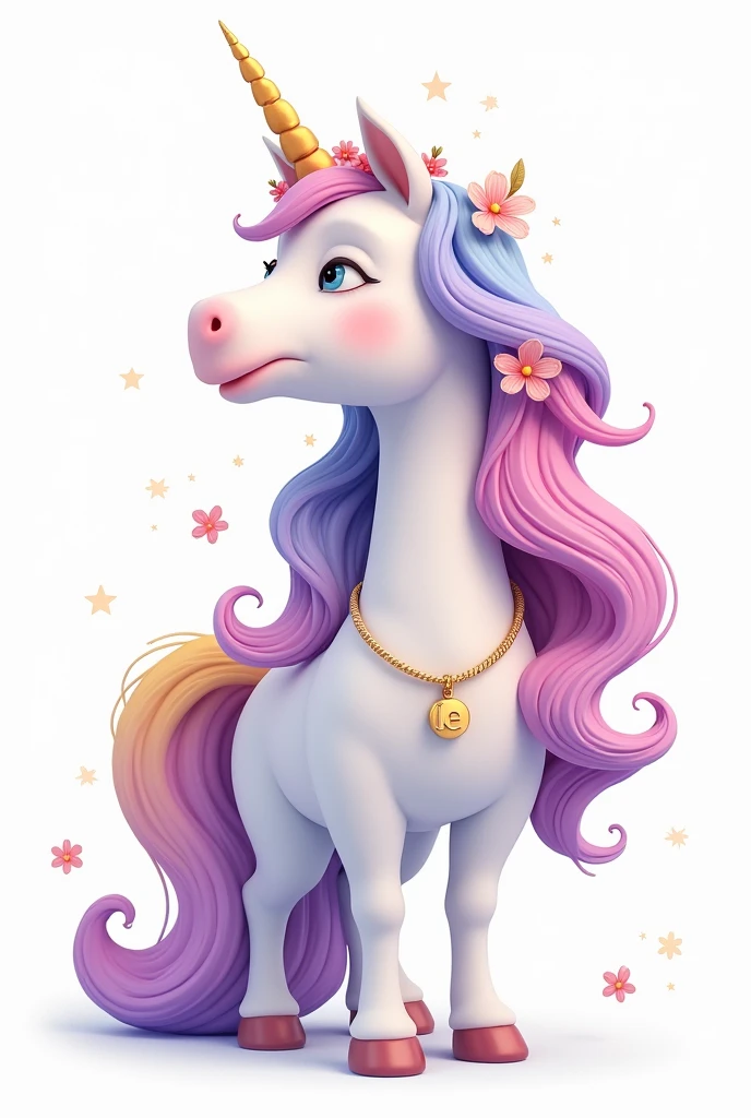 a white unicorn standing looking sideways, cute disney pixar style, cute face, the unicorn is on its side and standing looking sideways forward , showing all unicorn, loose, voluminous, flowing curly hair in lilac colors, Pink, yellow, Unripe, cerulean, rot, Unripe, hair and mane with all the colors of the rainbow, with a strong lilac predominating, em volta do cabelo pequenas flores Pinks forte com folhas Unripes e também estrelas, Dedicated gold cord with pendant and inside the pendant the letters LE delicate on the neck, olhos Unripes e o unicornio cintila com alguns brilhos, Feema unicorn white background, flowing hair, very voluminous, gold tiara on delicate head white background and unicorn stands out from the background, the unicorn has sparkling sparkles in its hair, the unicorn&#39;s face is fuller, little god, strong lilac hair with blue bangs, Pink, Yellow, Unripe o fundo opaco png