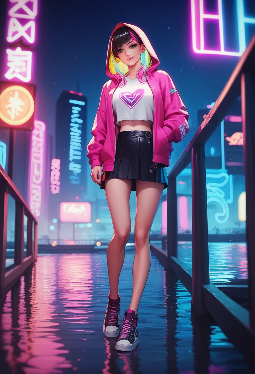 Sexy woman anime style,  neon lights over water, wearing a hoodie, with a skirt, standing on a bridge, neon colors in the sky, colors looked to be painted 