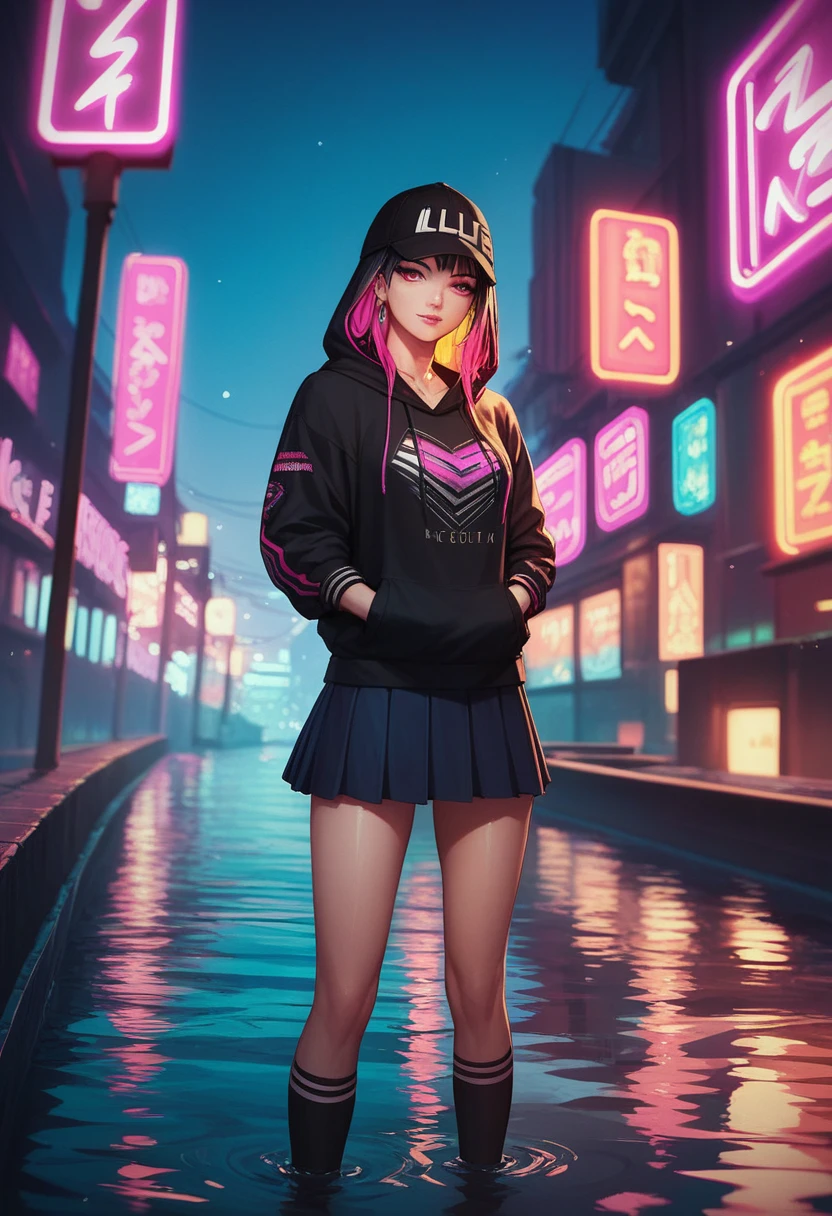 Sexy woman anime style, neon lights over water, wearing a hoodie, with a skirt, standing on a bridge, neon colors in the sky, colors looked to be painted