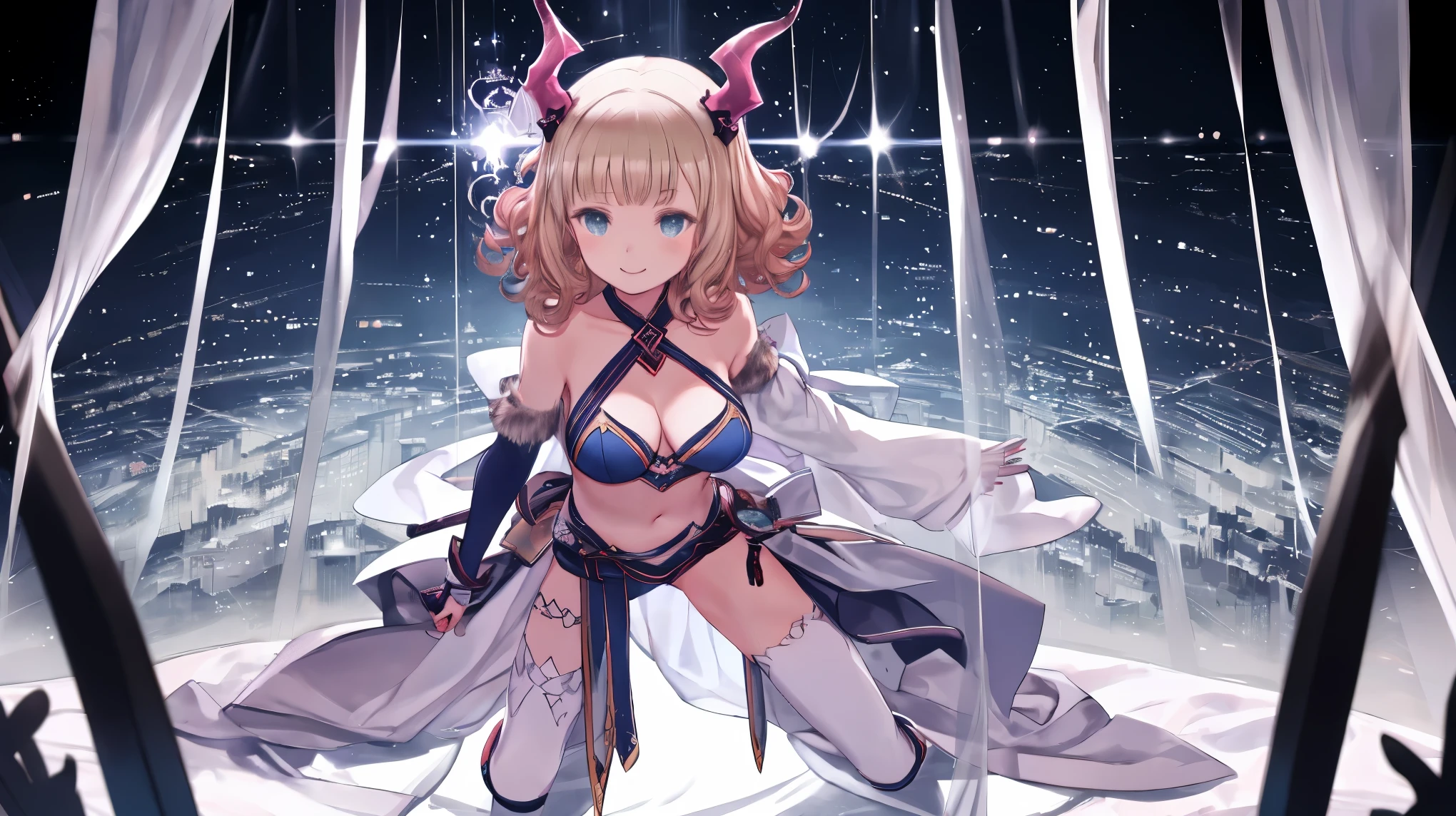 fantasy, 1devil_girl, low_, platina_blond_curly_hair,long_bangs,bare_shoulder, navel out, thighhighs,silver_armor, white_wears,waist_armor, long_Glebe, hold_swords, medium_breasts, dynamic_flying_pose, magical_effects,,(pelvic_curtain:1.3), silver_Headgear ,looking_down_at_sunrise_city_sky_background,,slightly_spread_legs, ,solo,horn ,smile,,open_legs,open_arms,rise_knee,rise_leg,rise_thigh,rise_leg,forward_leaning_posture,apart_legs,
