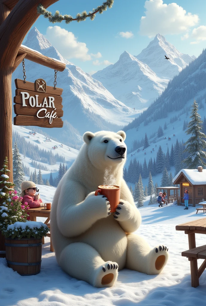 Realistic polar bear sitting drinking latte snowy mountains ski resort and skiers &quot;Polar Café&quot; sign