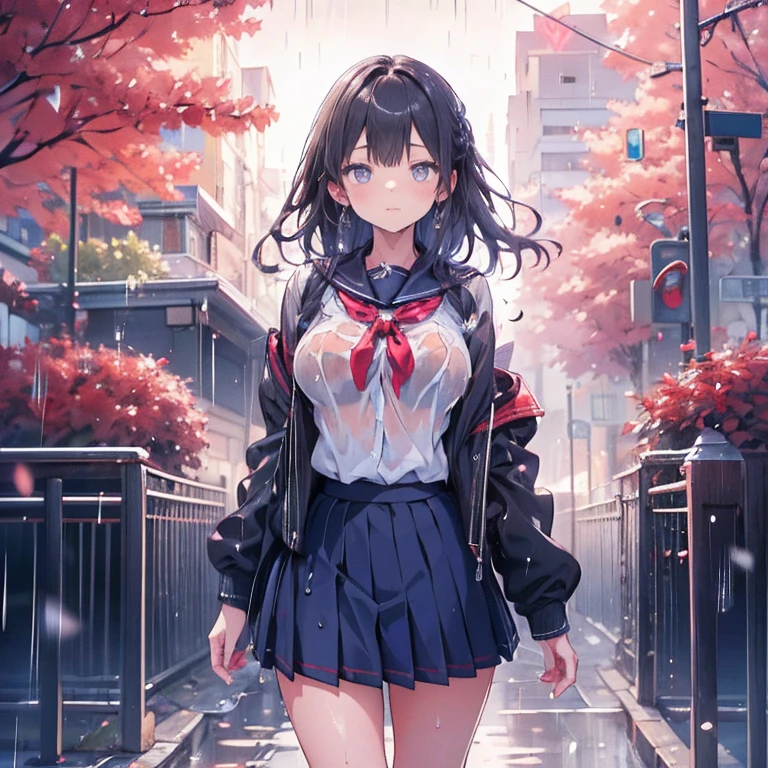Anime Waifu beautiful detailed eyes, beautiful detailed lips, extremely detailed eyes and face, longeyelashes, 1girl, sensual, young woman, medium breasts, beautiful feminine face, nice thighs, slim, sexy, erotic, beautiful clothes, perfect body, cinematic lighting and framing, (best quality,4k,8k,highres,masterpiece:1.2),ultra-detailed,digital painting,portrait,glamorous,highly detailed,soft lighting,warm color tones , (beautiful girl: 1.3),1girl,masterpiece, Highest quality, Ultra-high resolution,rich contrast,super high quality,8k,Highly detailed CG unit wallpaper,texture,Incredibly absurd,Ultra-high resolution,RAW Photos,Depth of Field 1.2,overlooking,(magnificent panorama view:1.3),(High School Uniform&Pleated skirt:1.5),Black Hair,Crown braid,Ultra-detailed eyes,(sensuous),Glowing Skin,loafers,leaves dripping with rain,sunlight through trees,post-rain aroma,Her jacket is open and her breasts are exposed,blush,Sigh,look up,(((Wet))),((Large Breasts)),After the Rain,pencil drawing