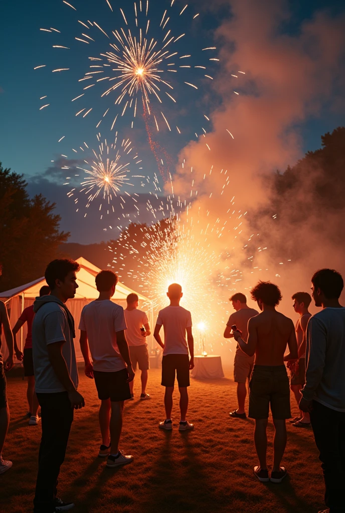 Male group in their late 20s Japanese Hand-held fireworks camp site LGBT Tent Sexy feeling About 20 boys Everybody has fireworks