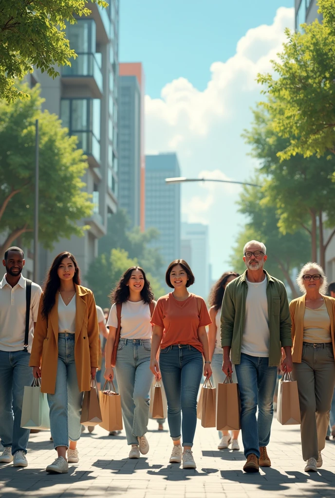 Group of people walking through the streets in modern green city, Asian people Black people White people Latinos People with shopping bags in their hands People of different ages 
