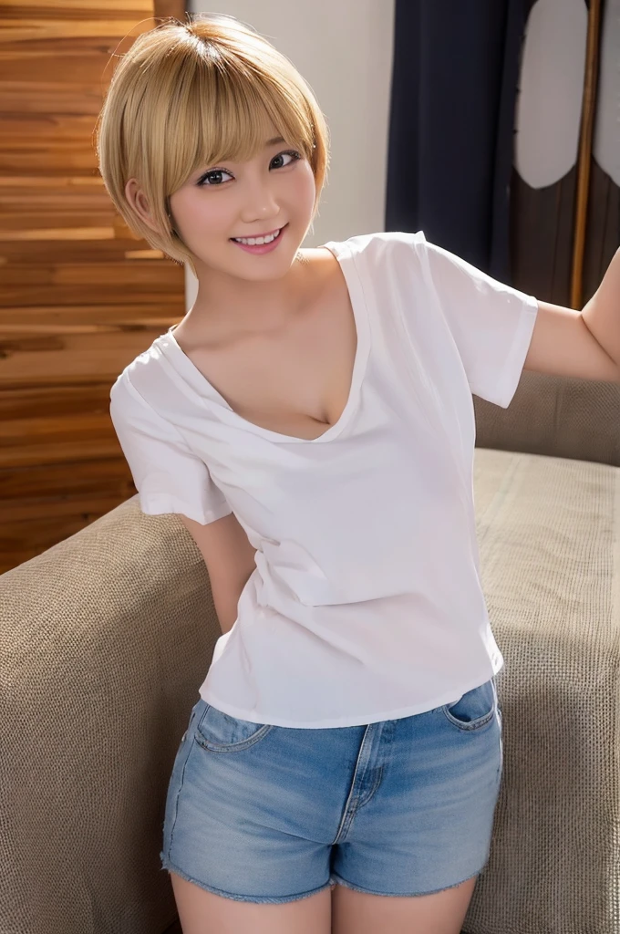 (Highest quality、4K、8k、High resolution、masterpiece:1.2)、Very detailed、(Genuine、Realistic、Realistic:1.3)、Japanese women、blonde、Pixie Cut、smile、white shirt、short pants、under boob、side boob