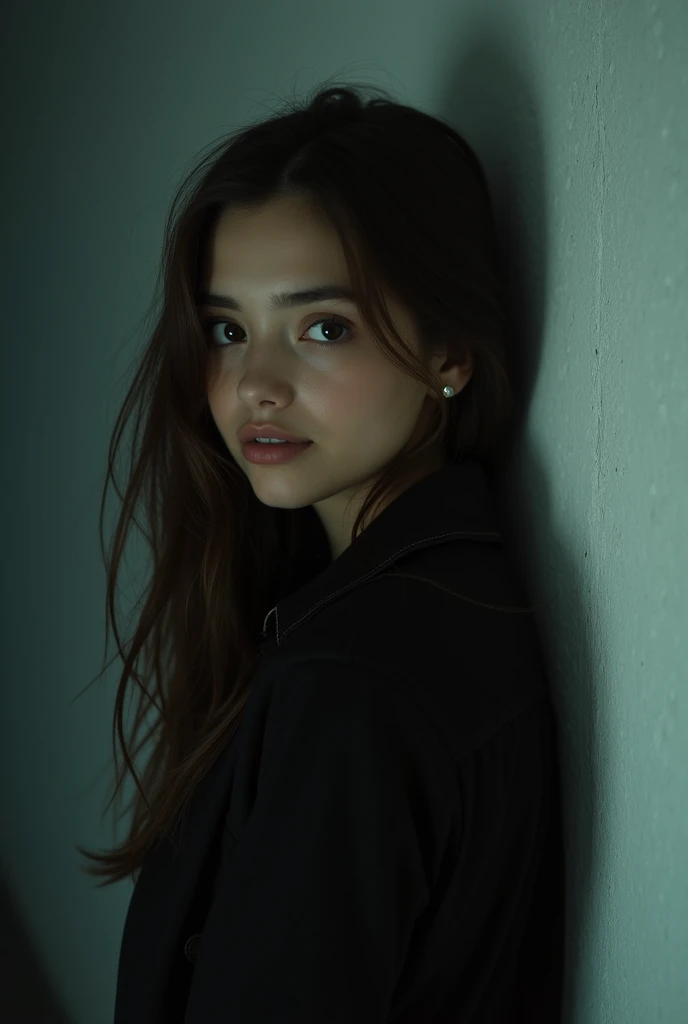 21 years girl, brown hair, smile, skinny face, white wall, no decoration, looking smiling , photo from behind, at night, dark mood