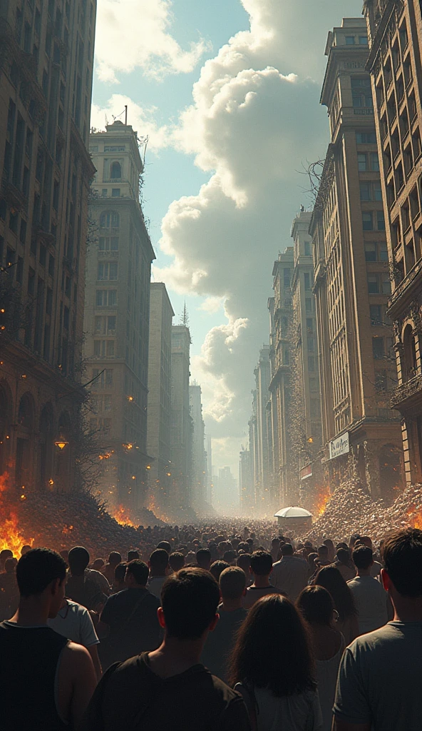 illustration, crowd of people, city destruction, destroyed buildings, extreme high angle, extreme long angle,