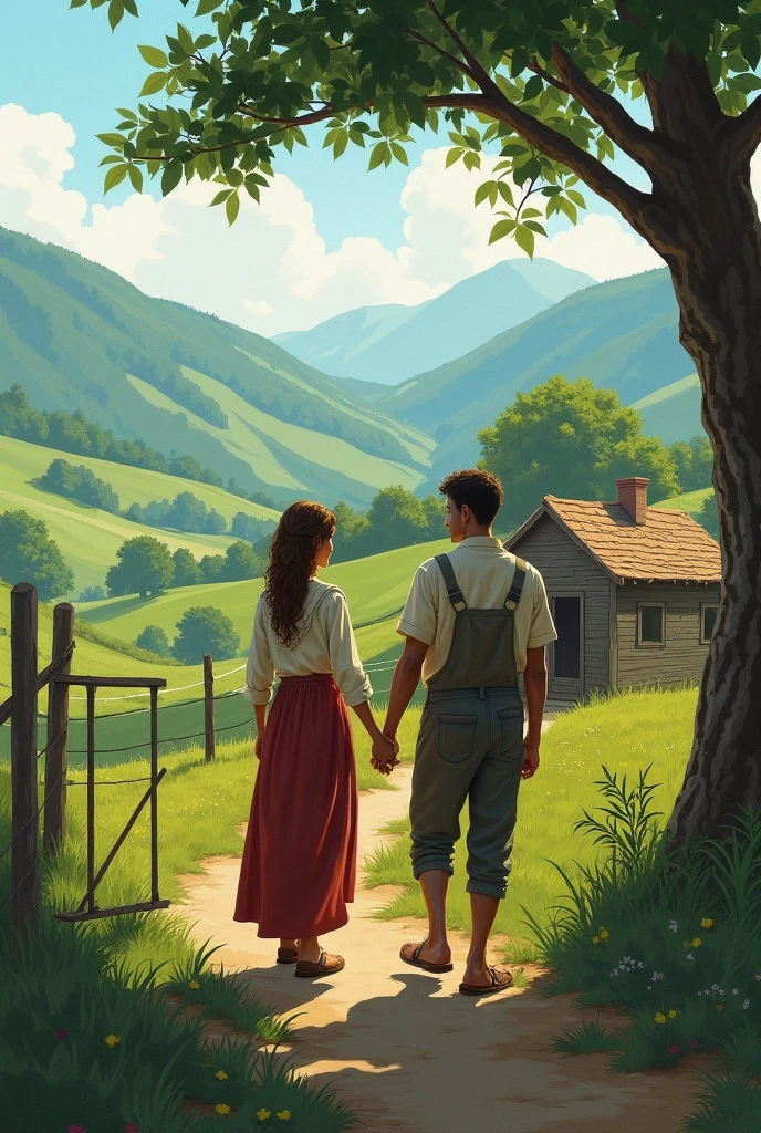 There is a poor farmer lived with her wife.
There is a green valley and trees behind . This matter is 100 years ago.