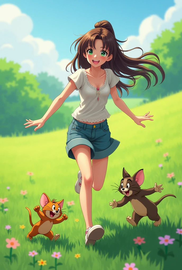 Salior Jupiter with her hair all up with green eyes dressed in casual outfit, playing in the field with Tom and Jerry