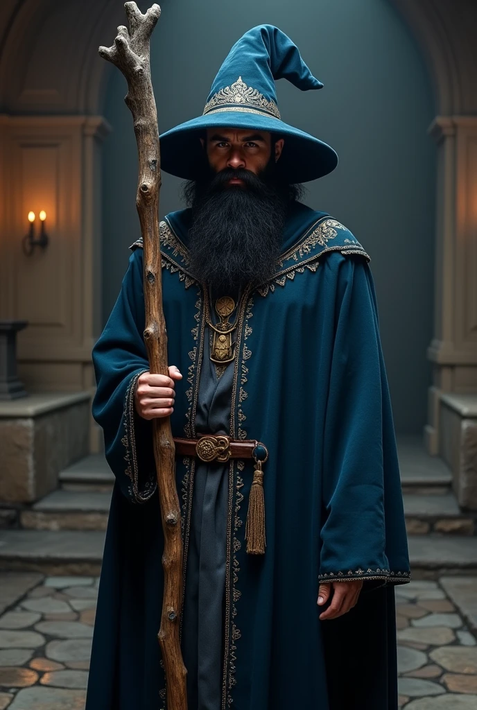 Create a young medieval wizard with a black beard and wearing a dark blue wizard's outfit and in his hand a wooden staff and on his head a wizard's hat