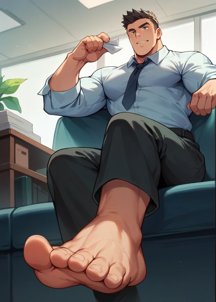 muscular man in office attires, open shirt, smoking cigare, sitting on a sofa showing feet with soles visible Low angle