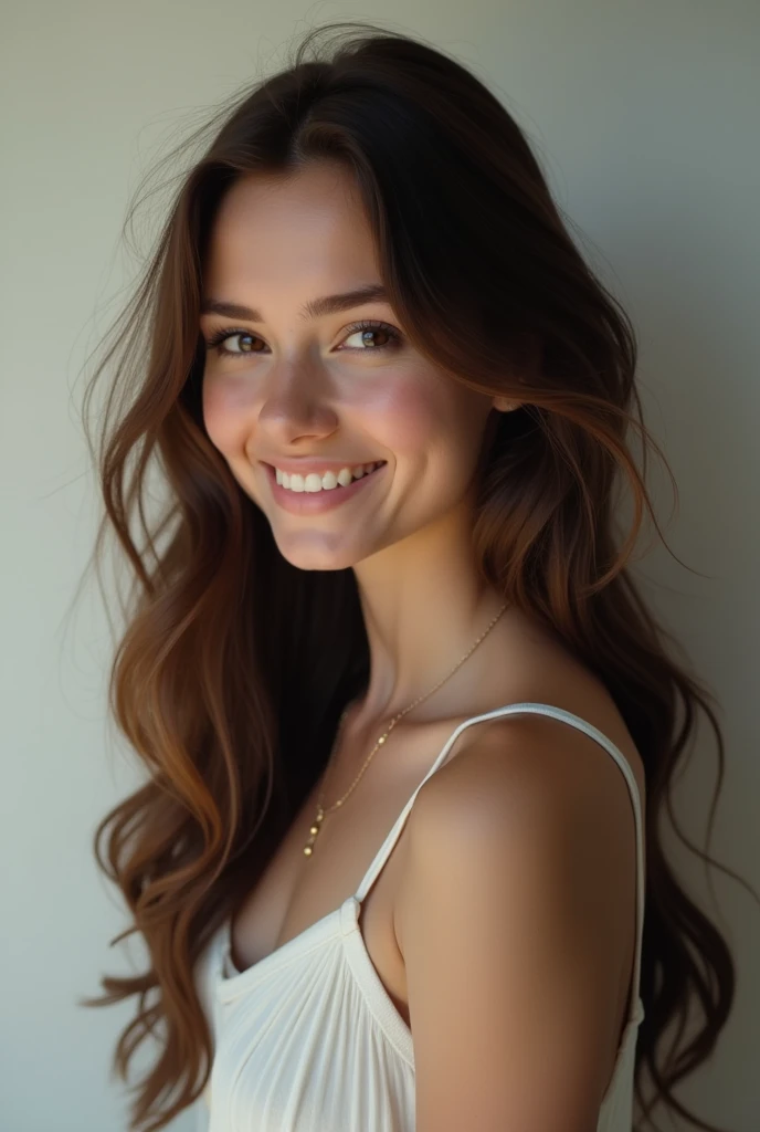 21 years girl, brown hair, smile, skinny face, white wall, no decoration, looking smiling , photo from behind, at night