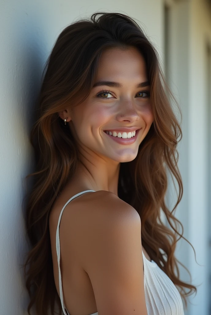21 years girl, brown hair, smile, skinny face, white wall, no decoration, looking smiling , photo from behind, at night