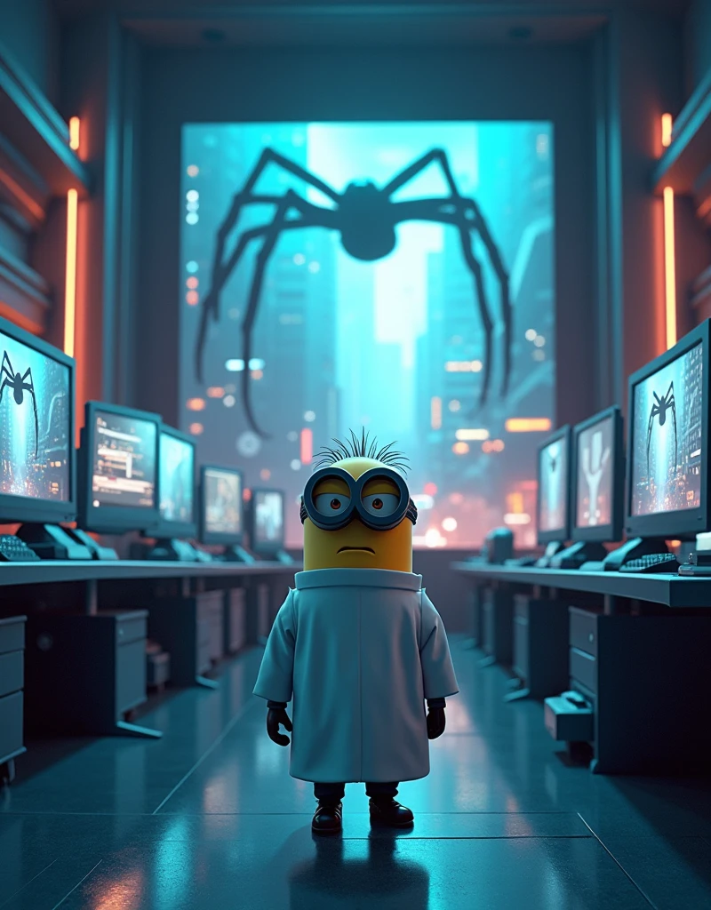 A modern laboratory with bright lights, Multiple screens show live images from a city being attacked by giant spiders.. Minion Kevin, wear white lab coat and goggles, standing in front of the screens with determined and tense faces.