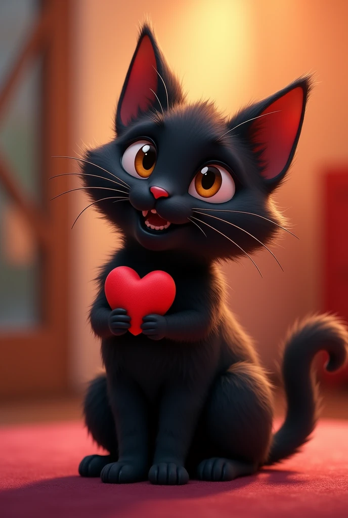 Happy black cat with red heart