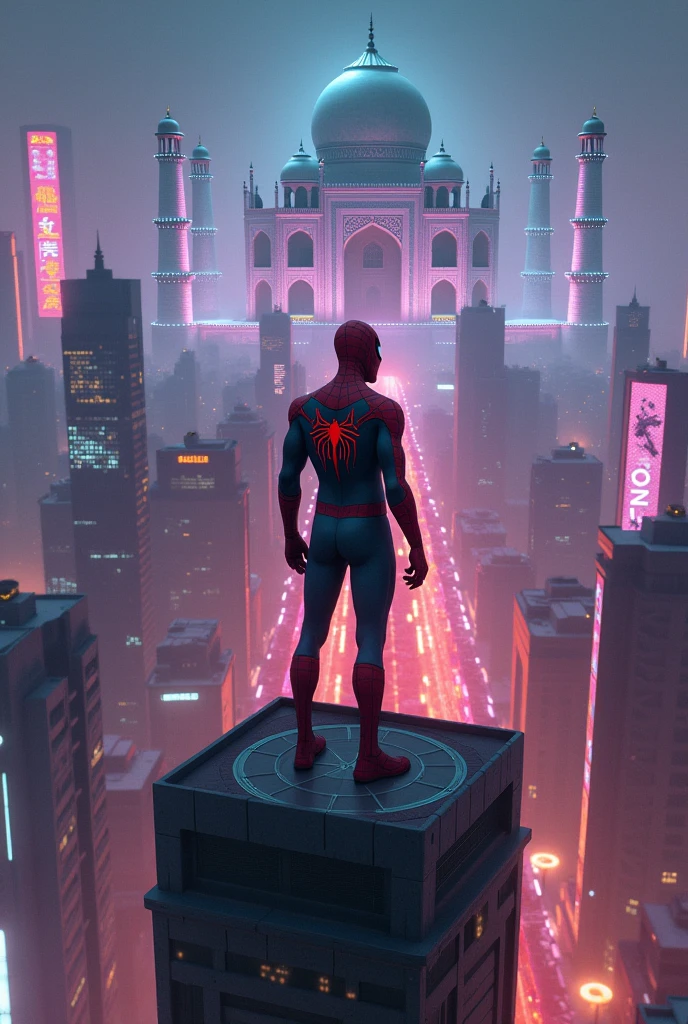 Spider man in cyberpunk near taj mahal
With ligh