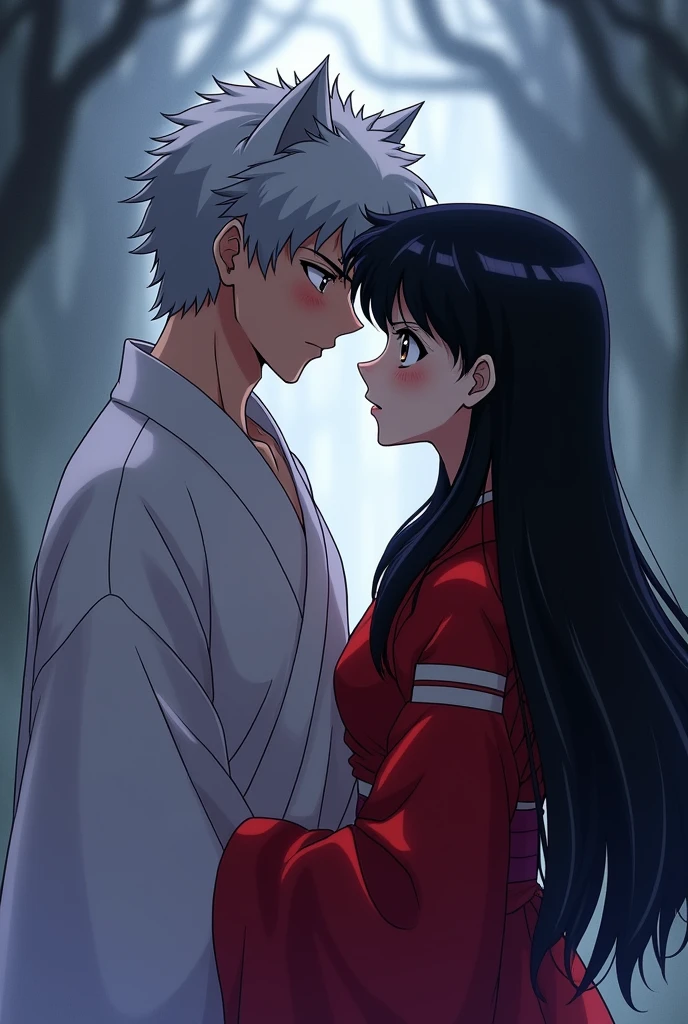 Kikyo and Inuyasha Couple Inuyasha is a boy with cat ears and long silver hair and Kikyo is a 20 year old woman with long straight black hair with brown eyes and bangs stuck to her square forehead with very dark purple shadows, She wears a red and white priestess costume, and inuyasha a red kimono, 