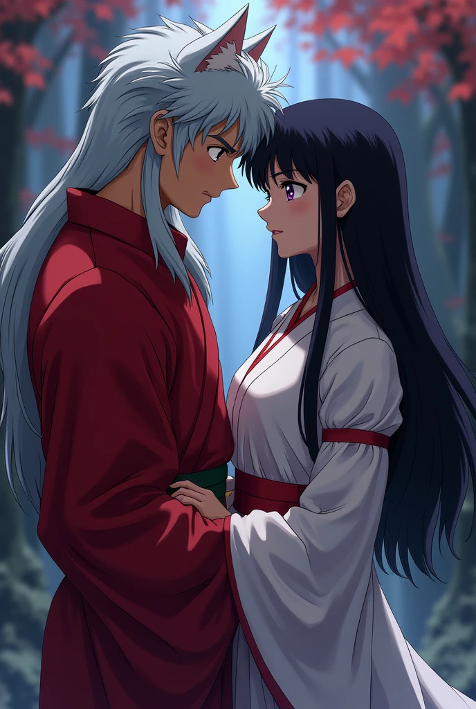 Kikyo and Inuyasha Couple Inuyasha is a boy with cat ears and long silver hair and Kikyo is a 20 year old woman with long straight black hair with brown eyes and bangs stuck to her square forehead with very dark purple shadows, She wears a red and white priestess costume, and inuyasha a red kimono, 
