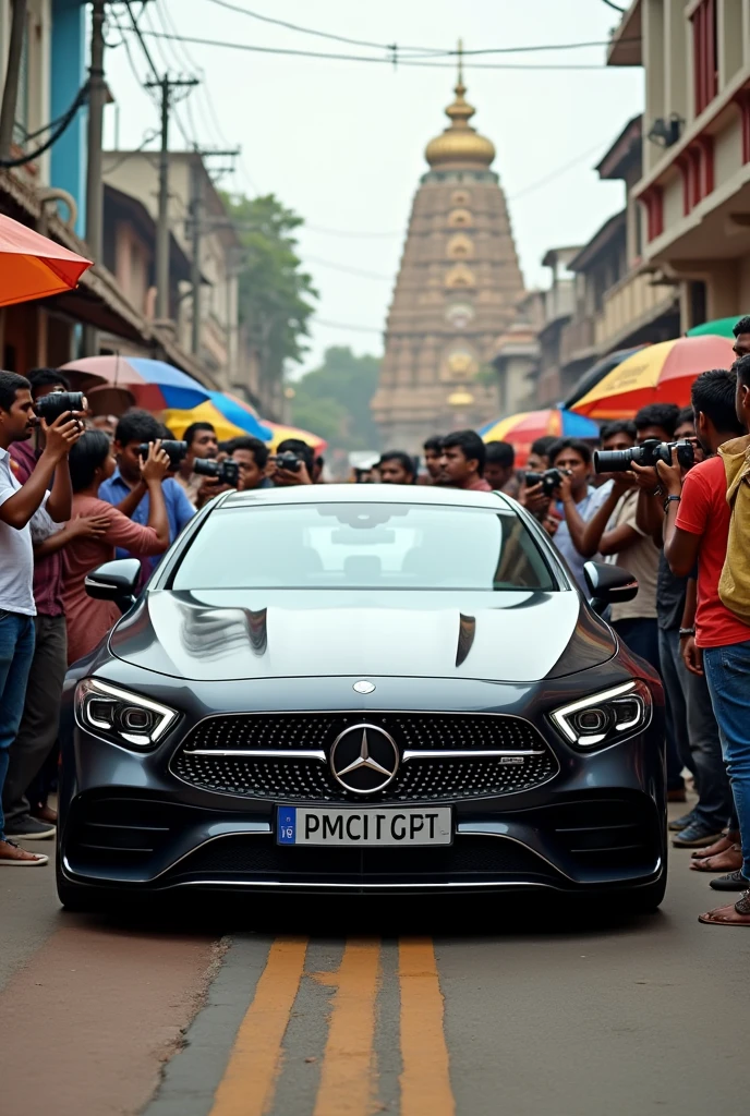 Benz car in tamil nadu  and people are taking photos 
