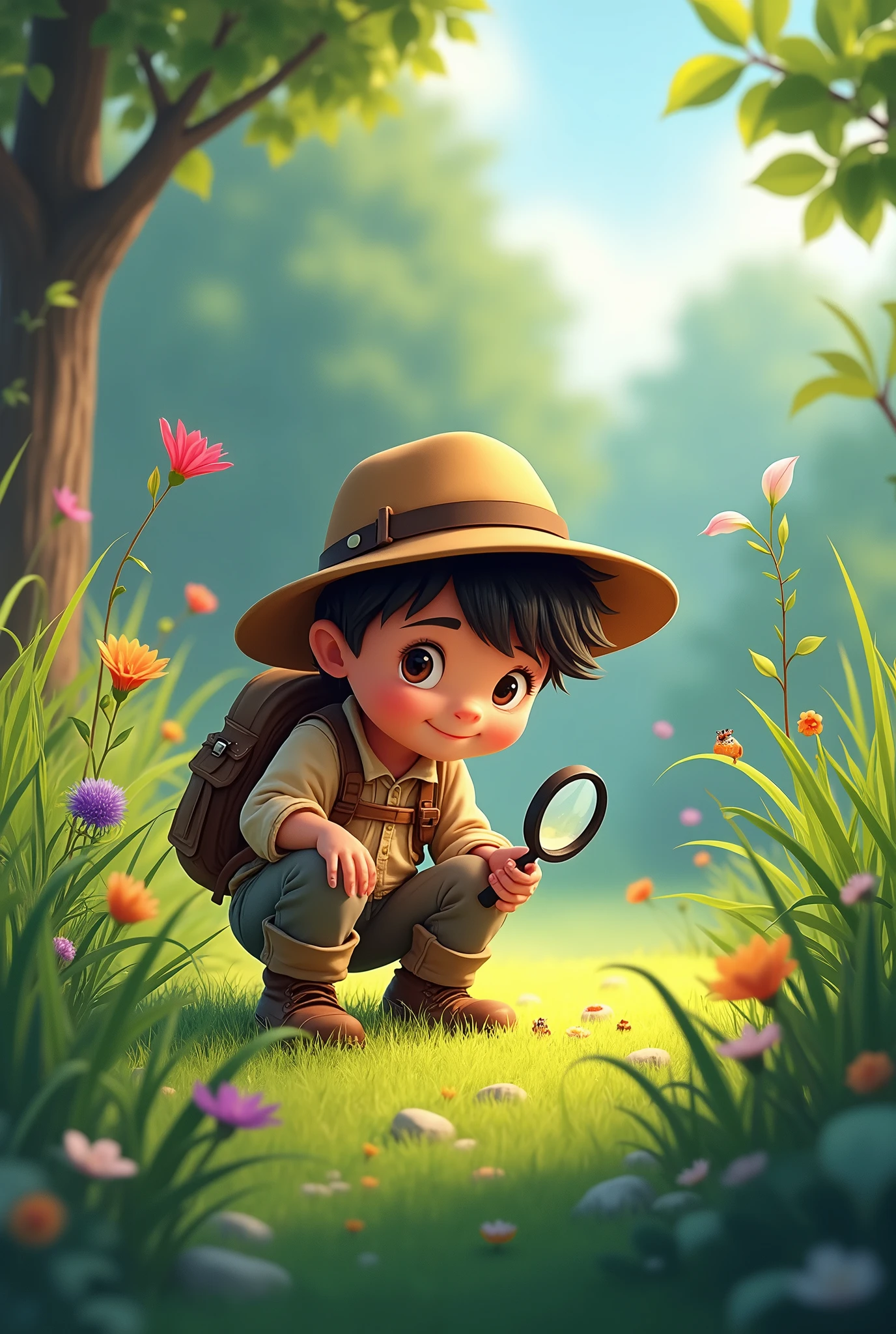 In the backyard, a boy with a magnifying glass, looking for ants in the floor, Explorer, happy, cartoon, high definition