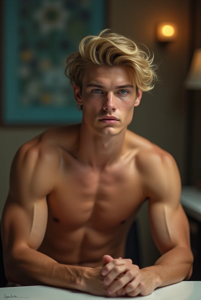 1 boy with perfect body, detailed white skin, with blonde hair, blue eyes high level, detailed facial pores athletic attractive body in var looking at camera sitting at table , ultra cinematic camera