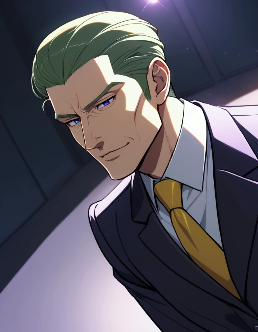 1man, (mature father in hentai anime style, dandy president, moss olive hair), darkblue eyes, arafed businessman hairstyle, spiked hair slicked back, ideal ratio body proportions, BREAK (over 40s, elder producer, toned dilettante, ordinary, high cheekbones, broad shoulder, square shaped face, handsome), BREAK (violet formal jacket, purplewhite shirt, yellow necktie, simple costume), BREAK solid smile, cool emotion, BREAK solo, upperlegs, smart expression, animated color, 2000s, visual novel, in nitroplus style, BREAK depth of field, dutch angle, cinematic shadows, cinematic lighting, lens flare, light leaks, texture, absurdres absolutely resolution, extreme all detailed, greatest painting, BREAK masterpiece, best quality, BREAK score_9, score_8_up, score_7_up, source_anime, rating_safe, score_6_up, score_5_up, score_4_up