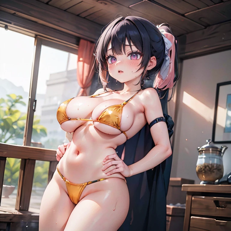 Anime Waifu beautiful detailed eyes, beautiful detailed lips, extremely detailed eyes and face, longeyelashes, 1girl, sensuous, young woman, medium breasts, beautiful feminine face, nice thighs, slim, sexly, erotic, beautiful clothes, perfect body, cinematic lighting and framing, (best quality,4K,8k,highres,masterpiece:1.2),ultra-detailed,digital painting,portrait,glamorous,highly detailed,soft lighting,warm color tones High quality illustrations。She is an adult woman with a mysterious and charming aura..。with sharp eyeliner。Her skin is tanned、she has black hair。She has pink highlights in her hair。Her hairstyle is a vertical ponytail on both sides.。without hat。pink eyes。the outfit is a golden bikini with a triangular cut..。breasts big。The areola is clearly visible。She has a good style、glad, face red。the love sign is displayed。Sleep on your back。she is out of breath and sweating.。she is removing the chest strap with one hand.。The location is the beach sand。The bikini strap on your chest is slipping.。She is accepting the touch of her body by a man..。A man standing in front is placing mushrooms。(Create another man on the screen)