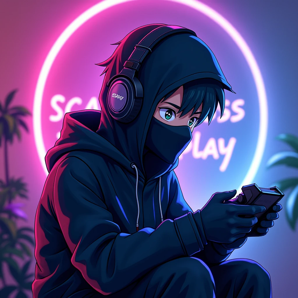 ((best quality)), ((masterpiece)), ((anime)), ((Detailed)), ((cartoon)),A 20 year old young boy wear black colour cloth mask on face and headphones and playing game in his video game device his purple and blue neon background, white neon outline on his body  8k UHD, Ninja Outfit , a Text in his background ( SCARY BOSS PLY)  ( A circle Mask for profile picture)
