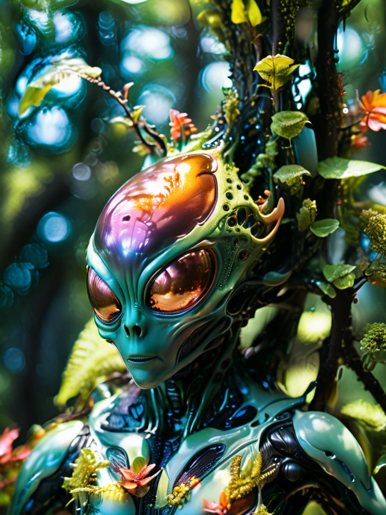 alien flora, sitting on the trees, ther planet flora, alien, Futuristic, foam, tactical, sleek, dark, detailed, alien forest, sunny day in forest, Miki Asai Macro photography, close-up, hyper detailed, trending on artstation, sharp focus, studio photo, highly detailed, macro photo, by greg rutkowski, intricate details, realistic, 8k, sharp details, masterpiece, artstation, Panoramic, iridescence, hdr, sunlight, metallic