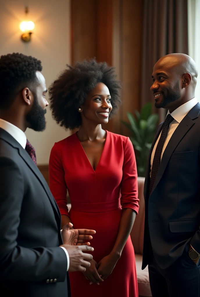 (photorealism:1.2), businessmen black African American, in suits, talking to a middle age woman with curly hair, using red dress, chatting at lounge, sitted in a sofa