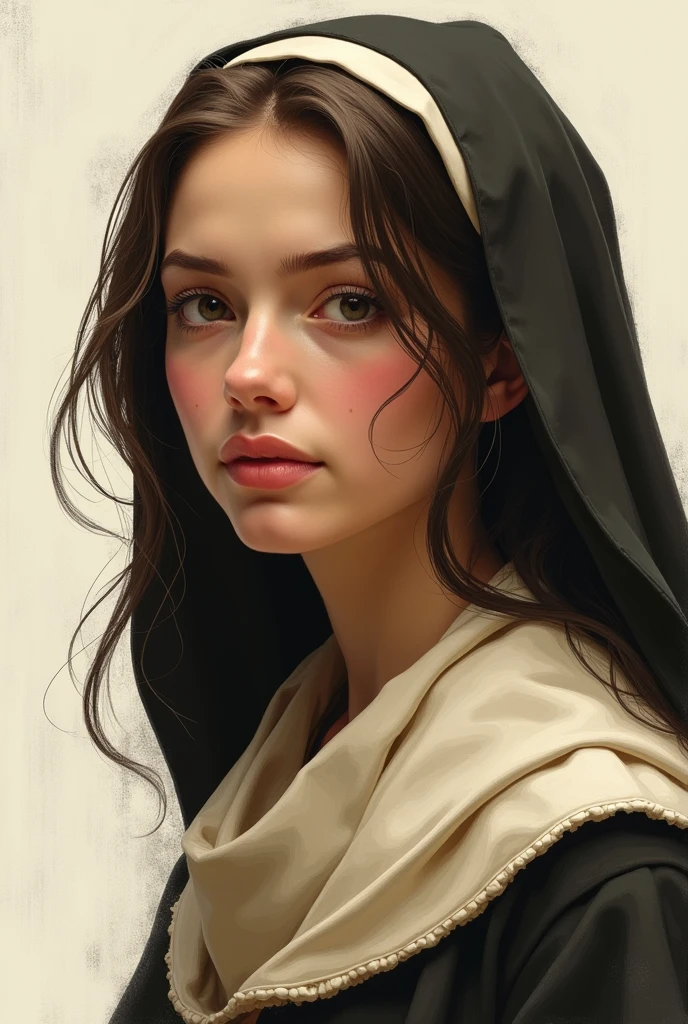 bust of a beautiful young woman in the Franciscan Order costume in a brush painting style