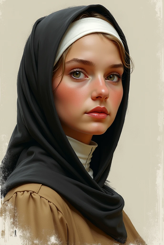 bust of a beautiful young woman in the Franciscan Order costume in a brush painting style