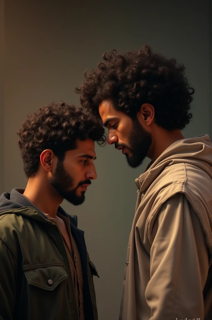 Prompt: Hassan stands next to Ali, offering kind advice. Hassan has a gentle expression, while Ali looks down, regretful and thoughtful, realizing his mistake.