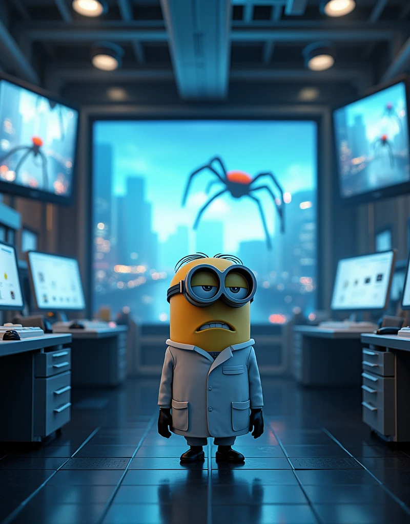 A modern laboratory with bright lights, Multiple screens show live images from a city being attacked by giant spiders.. Minion Kevin, wear white lab coat and goggles, standing in front of the screens with determined and tense faces.