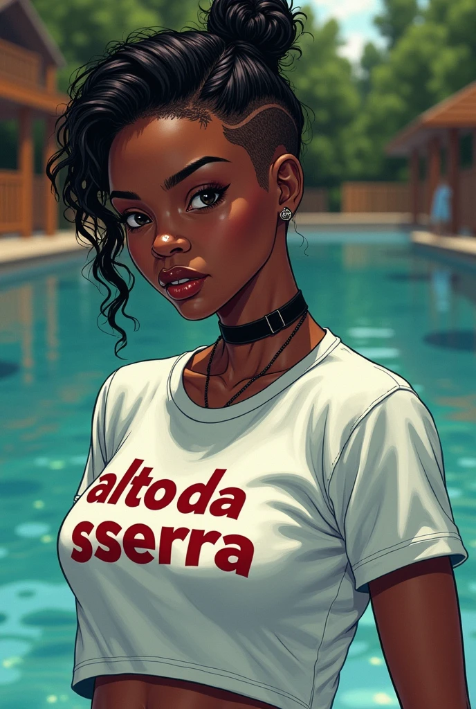 20 year old black woman with a mysterious expression with styled hair and an undercut with black eyes, a bit of a dyke, she is also very sporty, excellent swimmer wearing a white summer camp t-shirt with Alto da Serra written in dark red gym dc comics style dc comics style