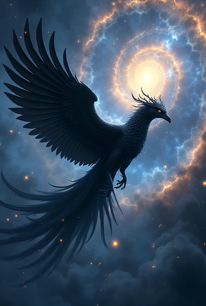 Black phoenix flying in galaxy