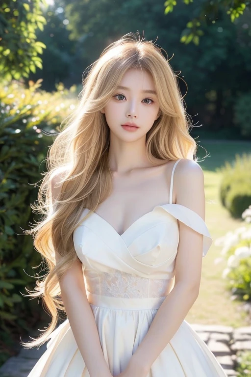 Long blonde hair cascading down her shoulders、Beautiful young woman。She has deep, expressive almond-shaped eyes.、Skin is soft and radiant、Boasting perfect beauty。Her elegant features include high cheekbones and full lips.、Has a gentle smile。She was wearing a delicate white dress、flower々Standing in a quiet garden where、Wrapped in the warm golden light of the evening。A gentle breeze ruffles her hair、The atmosphere is very calm。