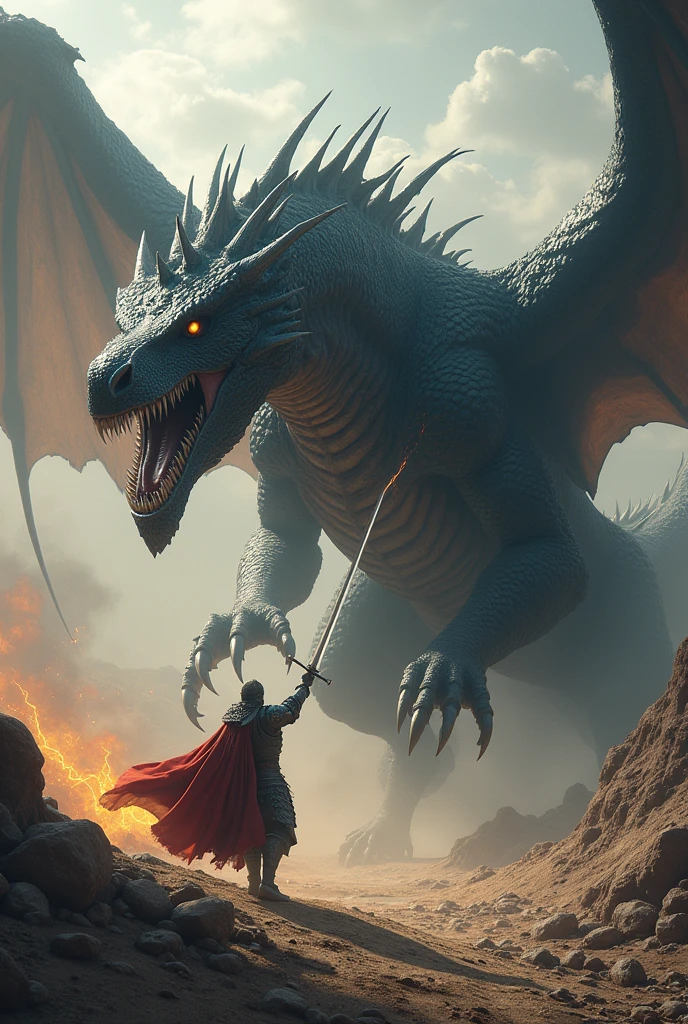 Big scary dragon wants to eat , but the knight killed the dragon with his sword