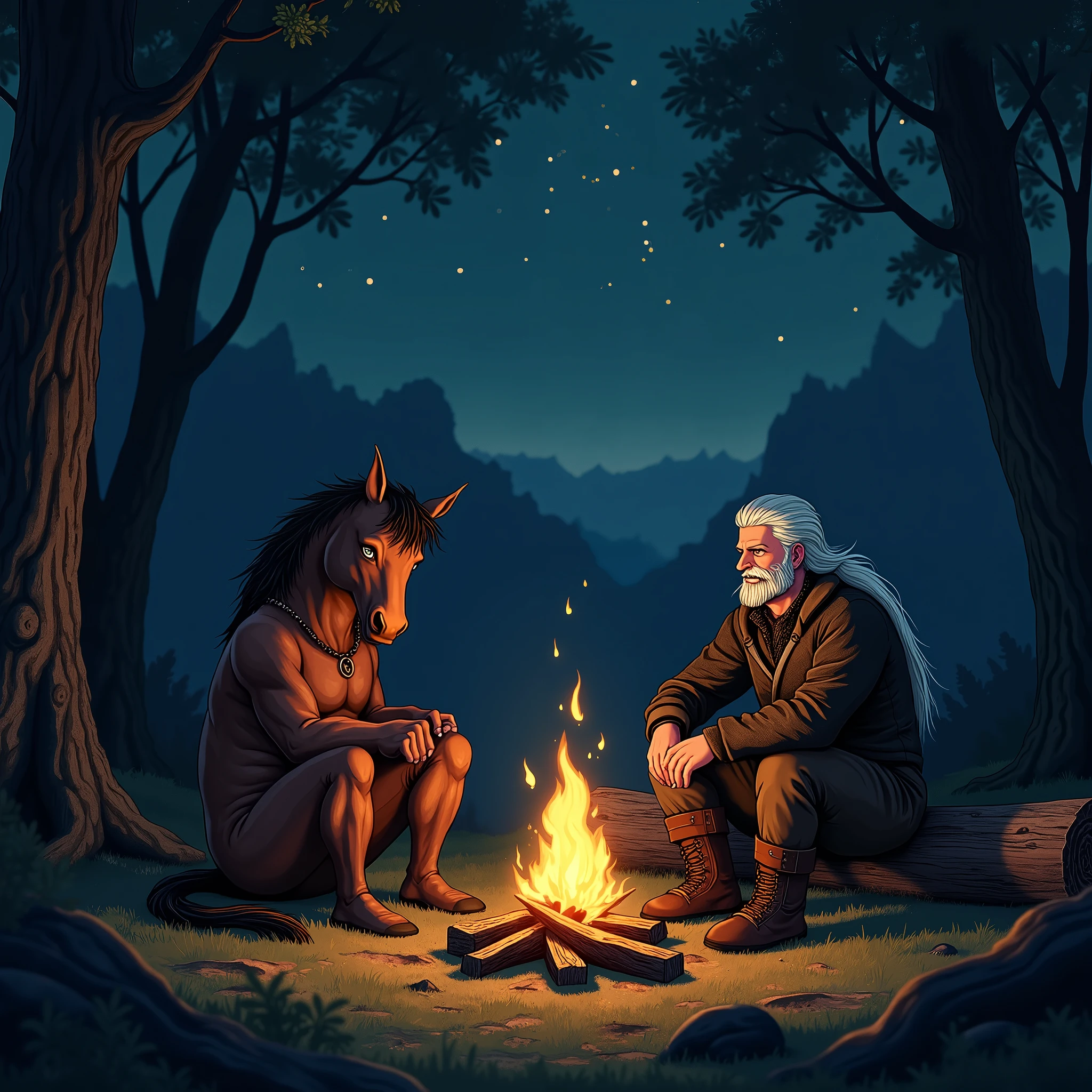 The witcher Geralt and roach sit by the fire at night and laugh