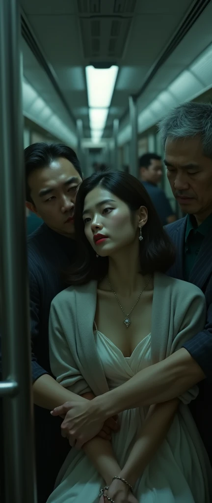 (32K:1.9, Horror depictions:1.9, Highest quality, masterpiece, Ultra-high resolution, Professional random angle camera work:1.5, Very detailedな肌と顔の質感:1.4), Always accurate, Very detailed, bag, (Cute Japanese Woman, Camisole dress and cardigan:1.6, Incredibly slim body:1.3, areola is not visible:1.4, Big breasts on the verge of collapse), ((Crowded train:2.0, Crazy behavior:1.9, in the train、Two middle-aged men hugging a woman from behind:1.7)), belt, Fair skin, elegant, sense of cleanliness, Thin eyebrows, (cry:1.0, Puzzled:1.0, A look that shows deep contempt for you:1.0, Big eyes that exude beautiful eroticism:0.4, Open your mouth a little, lipstick, Feel the beautiful eroticism:1.0, Dark brown medium hair), Earrings, necklace, bracelet, romantic, mysterious, Object of admiration, original, dramatic, artistic, Innovative, charm, Heartful, Fancy, Tilt, sense of loss, special, ((exciting, Extreme, sense of openness, suffering, sufferingの表現)), ((Mistakes of Youth, 女性的なcharm))