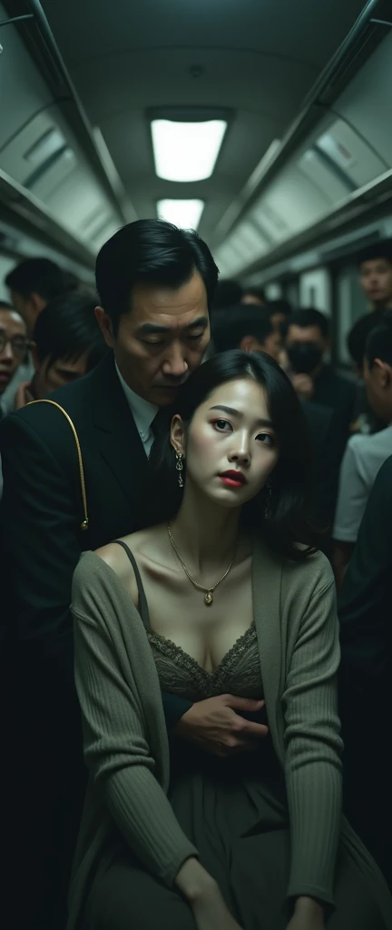(32K:1.9, Horror depictions:1.9, Highest quality, masterpiece, Ultra-high resolution, Professional random angle camera work:1.5, Very detailedな肌と顔の質感:1.4), Always accurate, Very detailed, bag, (Cute Japanese Woman, Camisole dress and cardigan:1.6, Incredibly slim body:1.3, areola is not visible:1.4, Big breasts on the verge of collapse), ((Crowded train:2.0, Crazy behavior:1.9, in the train、Two middle-aged men hugging a woman from behind:1.7)), belt, Fair skin, elegant, sense of cleanliness, Thin eyebrows, (cry:1.0, Puzzled:1.0, A look that shows deep contempt for you:1.0, Big eyes that exude beautiful eroticism:0.4, Open your mouth a little, lipstick, Feel the beautiful eroticism:1.0, Dark brown medium hair), Earrings, necklace, bracelet, romantic, mysterious, Object of admiration, original, dramatic, artistic, Innovative, charm, Heartful, Fancy, Tilt, sense of loss, special, ((exciting, Extreme, sense of openness, suffering, sufferingの表現)), ((Mistakes of Youth, 女性的なcharm))