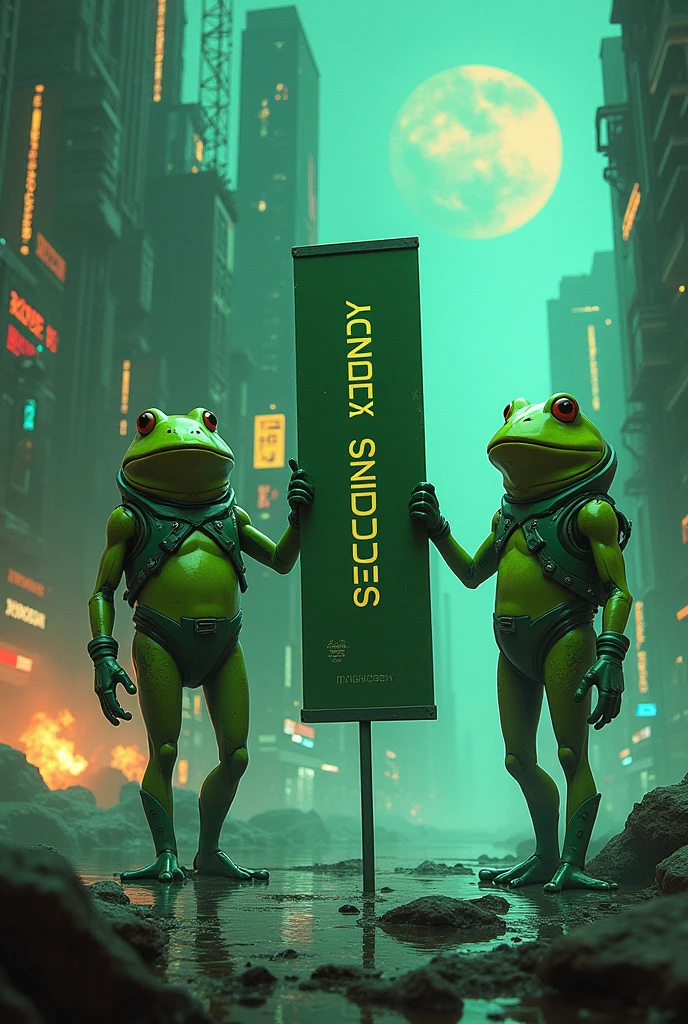Landscape image, hd, Cyberpunk Ingress enlightened green frog agents, explosion background, standing pose, holding long poster that says SECOND SUNDAY