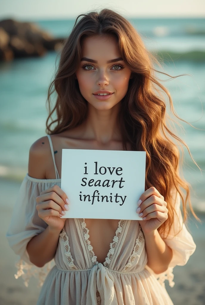 Beautiful girl with wavy long hair, bohemian dress, holding a white board with text "I Love Seaart Infinity" and showing it to the viewer