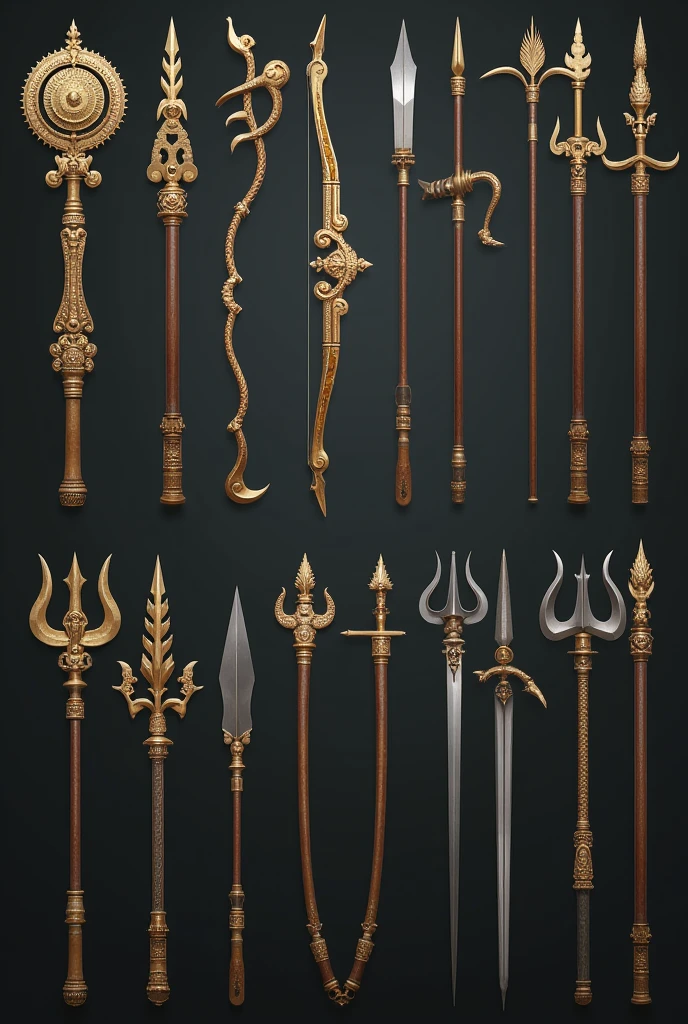 Create images on these weapons for my game "
Ancient Vedic weapons, often described in the epics like the Mahabharata and Ramayana, can indeed serve as interesting alternatives for weapon categories in games like PUBG. Here's a list of Vedic weapons and how they could be categorized:

### 1. **Bows and Arrows (Dhanush-Baan)**
   - **Alternative to Sniper Rifles**
   - Example: **Gandiva** (Arjuna's bow), **Pinaka** (Shiva's bow)
     - **Special Ability**: Increased damage over long distances, armor-piercing capabilities.
     - **Sniper Equivalent**: Long-range, high precision, but slower rate of fire.

### 2. **Chakra (Disc-like weapon)**
   - **Alternative to Throwables (Grenades)**
   - Example: **Sudarshan Chakra** (Vishnu's weapon)
     - **Special Ability**: Homing capabilities, returns after the throw.
     - **Grenade Equivalent**: Can be thrown with precision to cause instant damage.

### 3. **Mace (Gada)**
   - **Alternative to Melee Weapons**
   - Example: **Gada of Bhima**, **Kaumodaki** (Vishnu's mace)
     - **Special Ability**: High damage in close combat, can crush armor.
     - **Melee Equivalent**: Slower but powerful melee weapon with significant knockback.

### 4. **Spears (Shula)**
   - **Alternative to Crossbows**
   - Example: **Trishula** (Shiva's trident), **Sharanga** (Vishnu's bow, but sometimes represented as a spear)
     - **Special Ability**: Can be thrown or used for melee, pierces through shields.
     - **Crossbow Equivalent**: Single-shot with high damage, but requires precision.

### 5. **Swords (Khadga)**
   - **Alternative to Melee Weapons (Swords)**
   - Example: **Nandaka** (Vishnu's sword), **Khadga of Ravana**
     - **Special Ability**: Fast slashing with a chance for critical hits.
     - **Melee Equivalent**: Fast, close-combat weapon with potential for combos.

### 6. **Astra (Divine Weapons)**
   - **Alternative to Special Weapons**
   - Example: **Brahmastra** (a powerful divine missile), **Agneyastra** (fire-based we