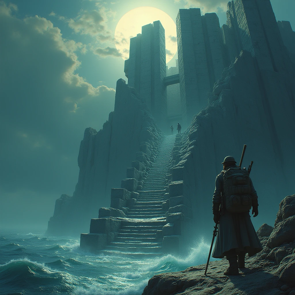 Johansen and his men landed at a sloping mud-bank on this monstrous Acropolis, and clambered slipperily up over titan oozy blocks which could have been no mortal staircase. The very sun of heaven seemed distorted when viewed through the polarising miasma welling out from this sea-soaked perversion, and twisted menace and suspense lurked leeringly in those crazily elusive angles of carven rock where a second glance shewed concavity after the first shewed convexity. 