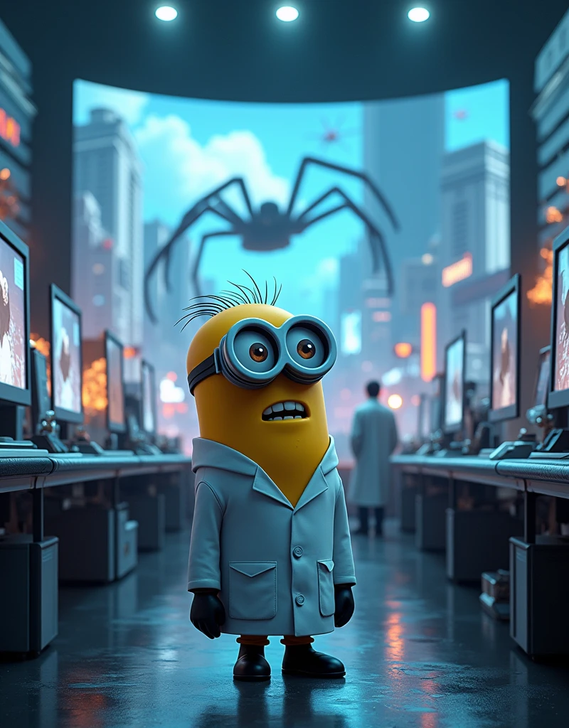 A modern laboratory with bright lights, Multiple screens show live images from a city being attacked by giant spiders.. Minion Kevin, wear white lab coat and goggles, standing in front of the screens with determined and tense faces.